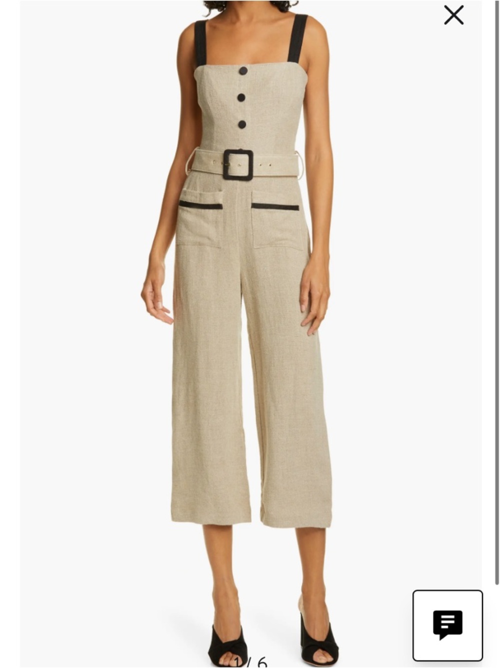 STAUD Lampone Beige 100% Linen Wide-Leg Cropped Jumpsuit with Black Trim 0